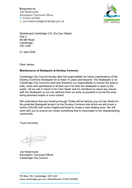 First page of Cambridge City Council's maintenance commitment letter