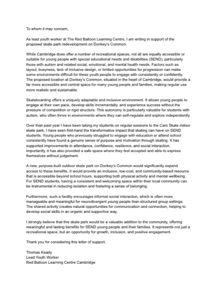 First page of Thomas Keady's letter of support