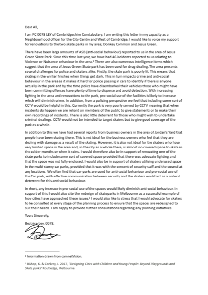 First page of PC Beatrice Ley's letter of support