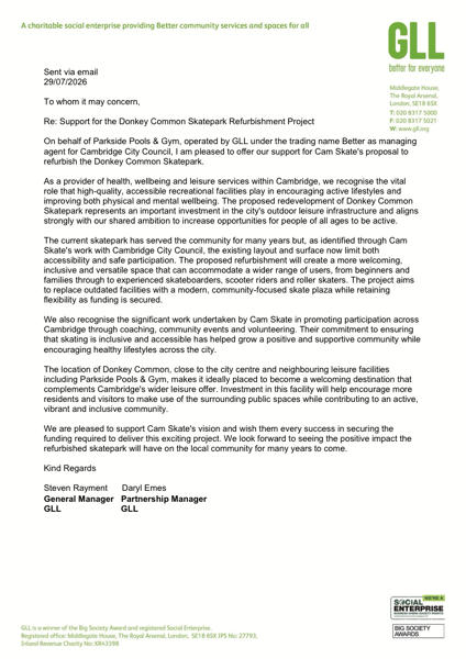 First page of GLL / Parkside Pools & Gym's letter of support