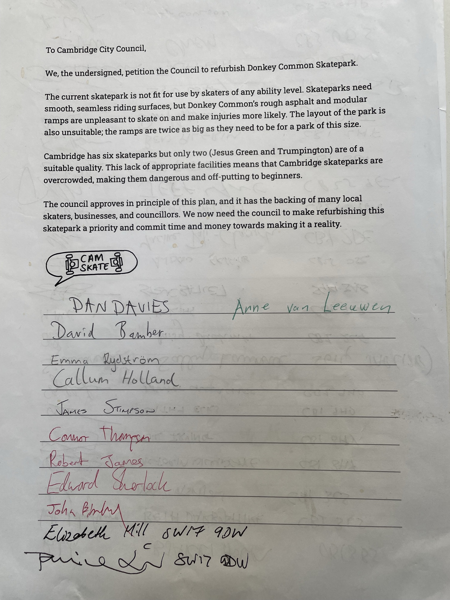 First page of the Donkey Common skatepark petition