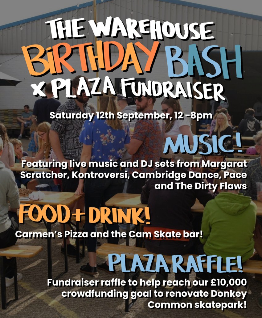 The Warehouse Birthday Bash x Plaza Fundraiser poster - Saturday 12th September, 12 to 8pm